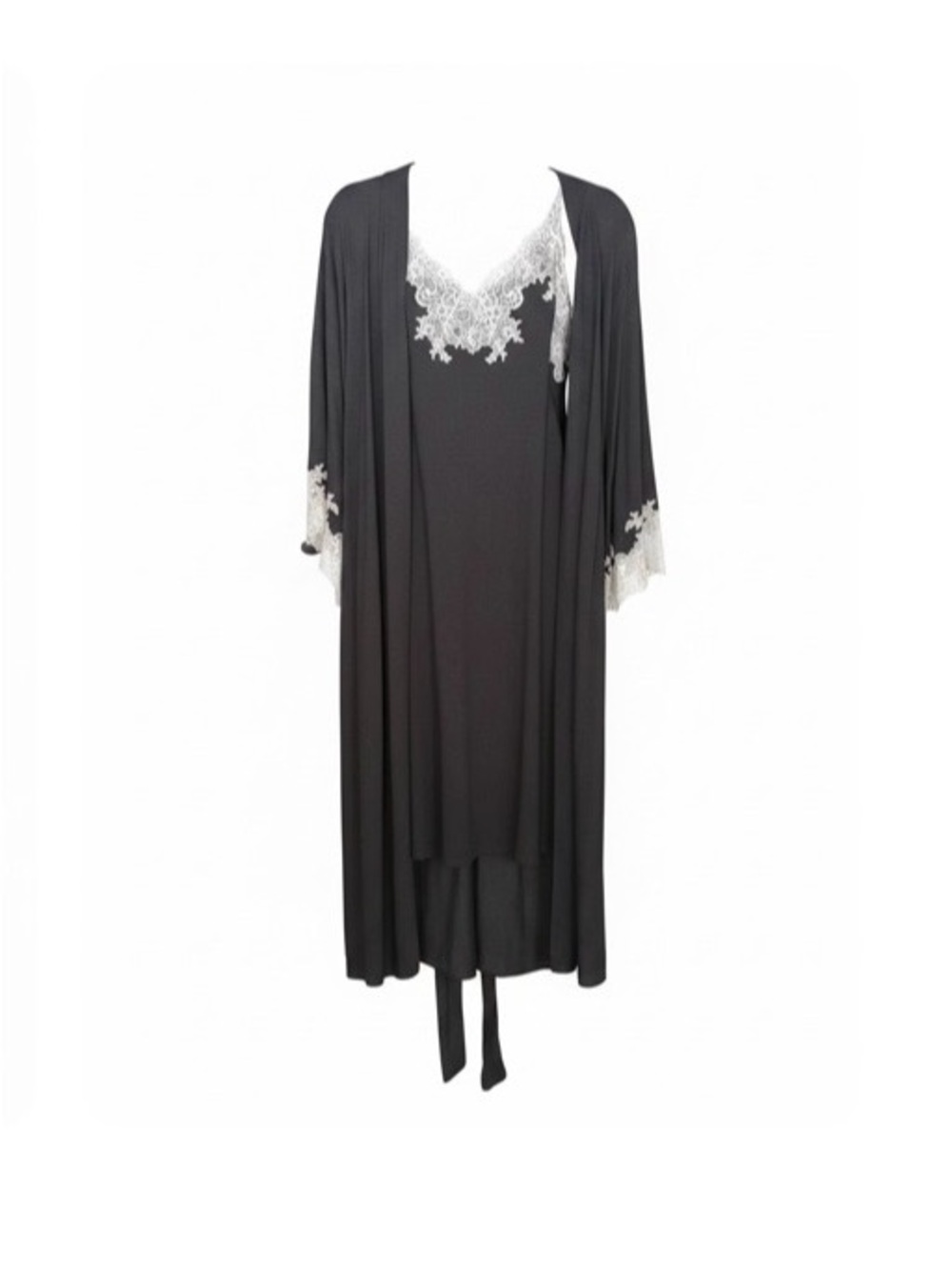 Lace-Trim Long Natori Charcoal grey Robe & Chemise Set